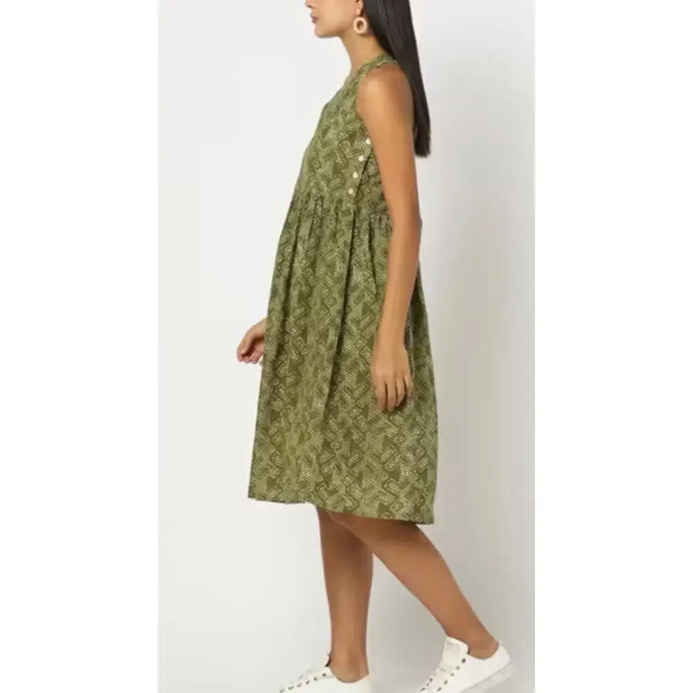 Svrnaa Anthropologie Printed Fit & Flare Dress Olive Green Size S - Picture 2 of 13